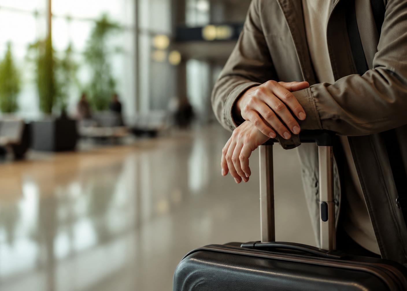Traveler resting a hand on a suitcase handle in a quiet departure hall